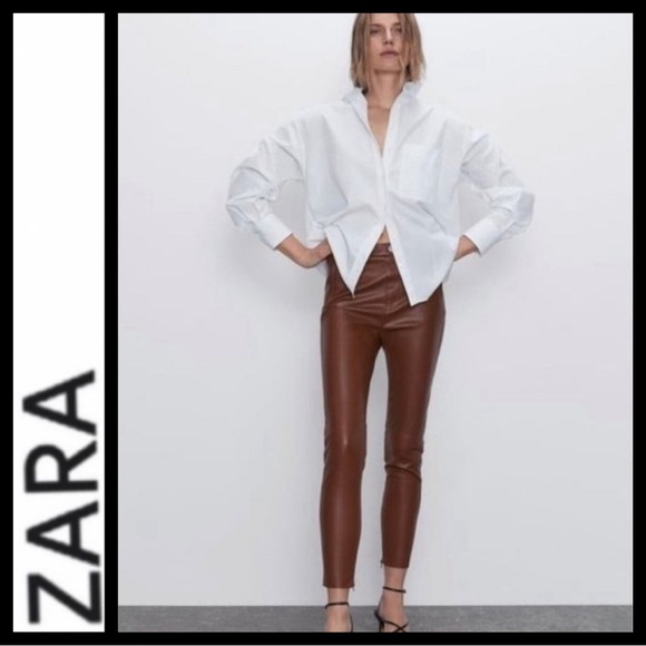 Zara High Rise Camel Faux Leather Pants - Picture 2 of 10